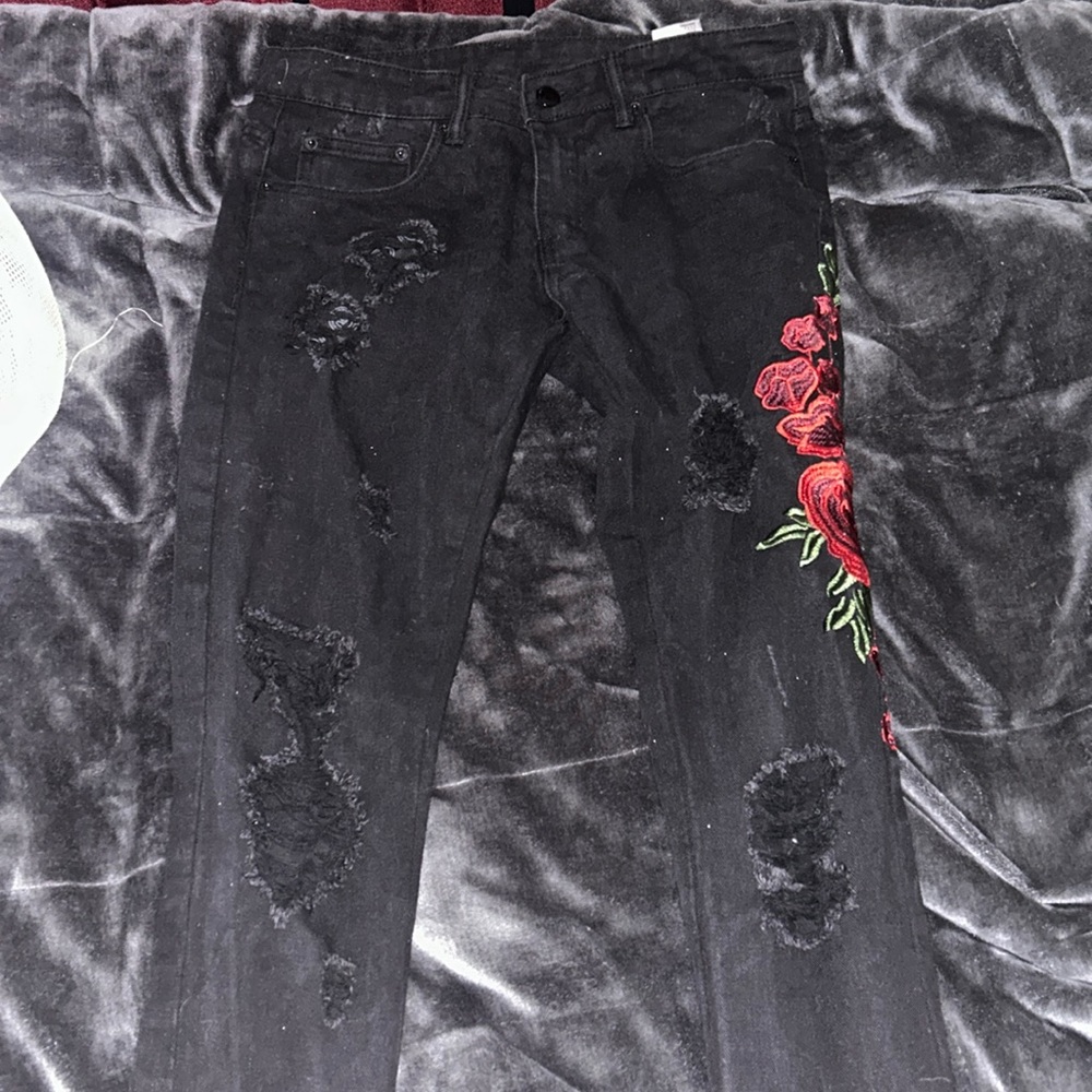 Y&R Men’s Jeans w/ Embroidered Roses & Zippers